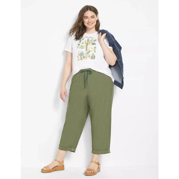LOFT Plus Green Drawstring Utility Pants Size 20 Elastic Waist Cropped Cotton - Picture 1 of 7
